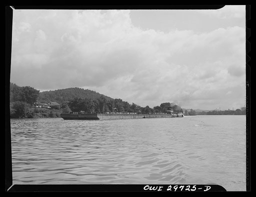 The steamboat Keystone pushing empty barges along the Kanawha River