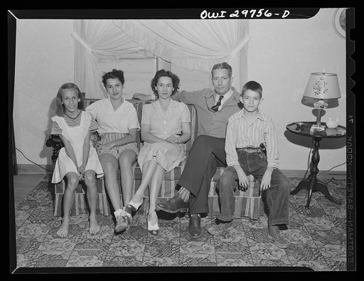 Point Pleasant, West Virginia. The family of Bob Fergusen, the principal of the local junior high school. Left to right: Ann, Nancy, Mrs. Mamie Fergusen, Bob, and Jimmie