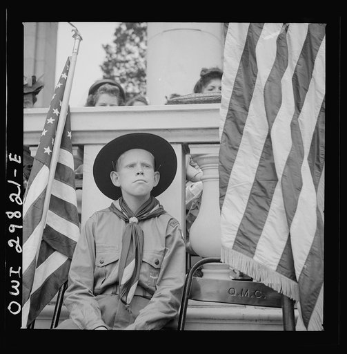 Untitled photo, possibly related to: Arlington Cemetery, Arlington, Virginia. Boy scout color bearer listening to the Memorial Day ceremony