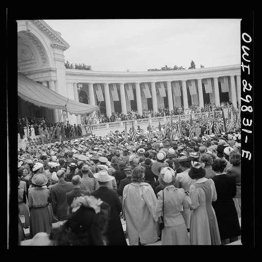 Arlington Cemetery, Arlington, Virginia. Color bearers marching into the amphitheater on Memorial Day