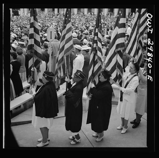 Arlington Cemetery, Arlington, Virginia. Color bearers marching into the amphitheater for Memorial Day services