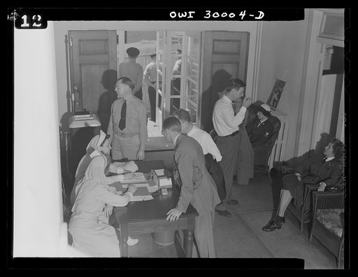 Untitled photo, possibly related to: Washington, D.C. Lineup of blood donor volunteers waiting to give a pint of blood at the American Red Cross