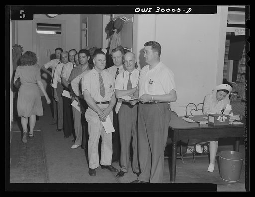 Washington, D.C. Lineup of blood donor volunteers waiting to give a pint of blood at the American Red Cross