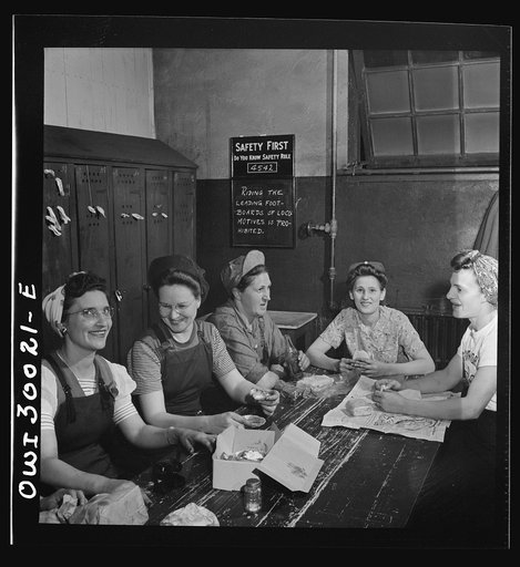 Untitled photo, possibly related to: Pitcairn, Pennsylvania. Lunch hour in the women's locker at the yards of the Pennsylvania Railroad. Left to right: Bertha Carlotta, twenty-nine, a machinist testing axles; Anna Plecenik, twenty-four, a machinist's helper, working a drill press; Mary Stefanski, th