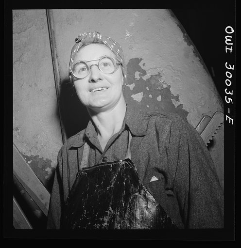 Untitled photo, possibly related to: Pitcairn, Pennsylvania. Mrs. Katie Sablejack, forty-five, a Hungarian, employed as a blacksmith's helper in the Pennsylvania Railroad yards, earning seventy-two cents per hour. She is operating a half-ton steam hammer. Mrs. Sablejack is a widow and mother of two 