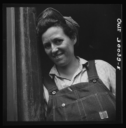 Untitled photo, possibly related to: Pitcairn, Pennsylvania. Mrs. Lois Micheltree, thirty-six, employed as a laborer at the Pennsylvania Railroad lumber yard, earning fifty-five cents per hour. She helps to load and unload lumber from cars. She has a son in the United States Navy