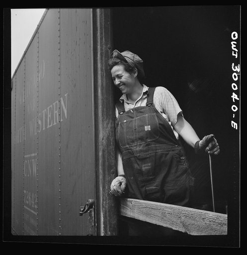 Untitled photo, possibly related to: Pitcairn, Pennsylvania. Mrs. Lois Micheltree, thirty-six, employed as a laborer at the Pennsylvania Railroad lumber yard, earning fifty-five cents per hour. She helps to load and unload lumber from cars. She has a son in the United States Navy