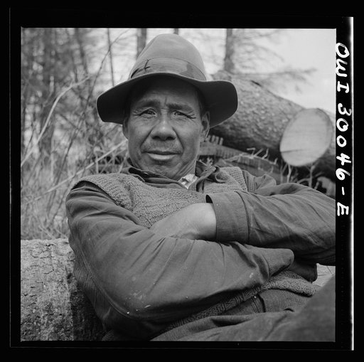 Spring pulpwood drive on the Brown Company timber holdings in Maine. An Indian woodsman from Canada