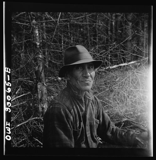 Spring pulpwood drive on the Brown Company timber holdings in Maine. Indian woodsman from Canada