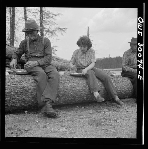 Spring pulpwood drive on the Brown Company timber holdings in Maine. Photograher's wife appreciates four meals a day along with woodsmen