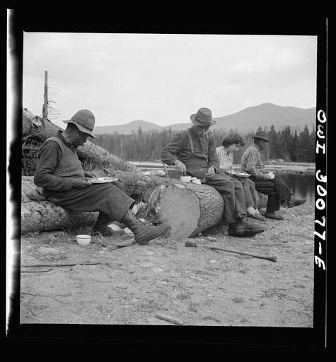 Untitled photo, possibly related to: Spring pulpwood drive on the Brown Company timber holdings in Maine. Photograher's wife appreciates four meals a day along with woodsmen