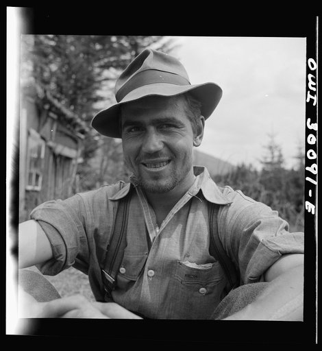 Spring pulpwood drive on the Brown Company timber holdings in Maine. French-Canadian woodsman