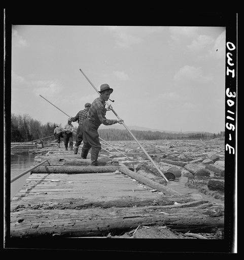 Spring pulpwood drive on the Brown Company timber holdings in Maine. Pikemen keep the logs moving down toward the sluiceway of the power dam