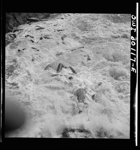 Untitled photo, possibly related to: Spring pulpwood drive on the Brown Company timber holding in Maine. Pulpwood sluicing through the dam at Long Pond
