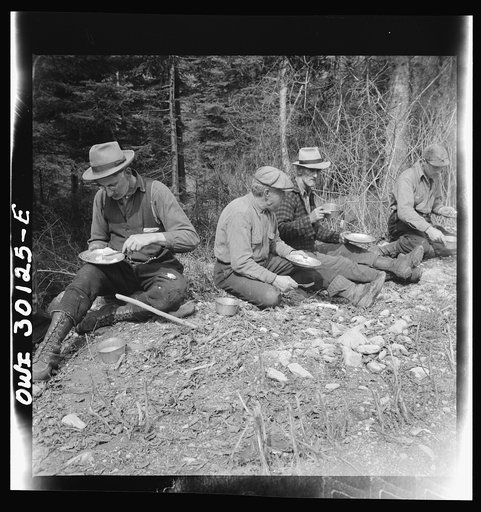 Untitled photo, possibly related to: Spring pulpwood drive on the Brown Company timber holdings in Maine. Woodsmen appreciate the quality and quantity of the four meals the cooks prepare for them every day during the drive season