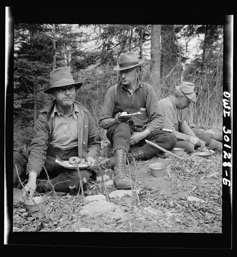 Spring pulpwood drive on the Brown Company timber holdings in Maine. Woodsmen appreciate the quality and quantity of the four meals the cooks prepare for them every day during the drive season