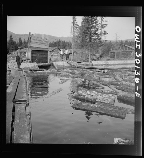 Untitled photo, possibly related to: Spring pulpwood drive on the Brown Company timber holdings in Maine. Feeding logs through the sluice at Long Pond. In the background are the camp buildings