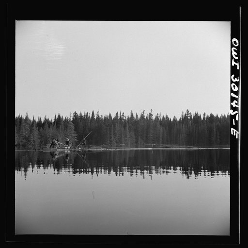 Untitled photo, possibly related to: Spring pulpwood drive on the Brown Company timber holdings in Maine. Woodsmen winching up the boom on Long Pond; during the night the wind has blown the logs in the boom up pond away from the dam through which they must be sluiced