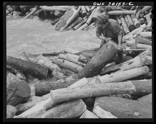 Spring pulpwood drive on the Brown Company timber holdings in Maine. Woodsman, putting logs into stream below a jam, moving a stubborn one by hand