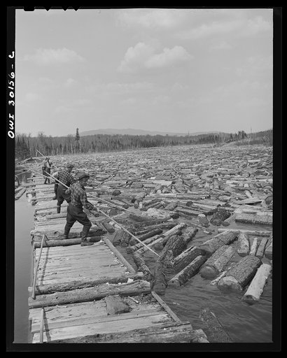 Spring pulpwood drive on Brown Company timber holdings in Maine. Woodsmen with pikes feeding logs into the sluice at the power dam on the Kennebago River