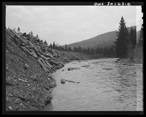 Spring pulpwood drive on the Brown Company timber holdings in Maine. Wood not accessible to streams is hauled on sleds by horses during the winter to depots on the banks of larger streams and rivers to be pushed in during the spring drive