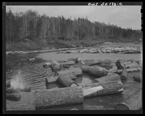Spring pulpwood drive on the Brown Company timber holdings in Maine. Rocks, gravel, and sand torn loose by driving logs pour into larger streams which in turn slit up lakes and rivers