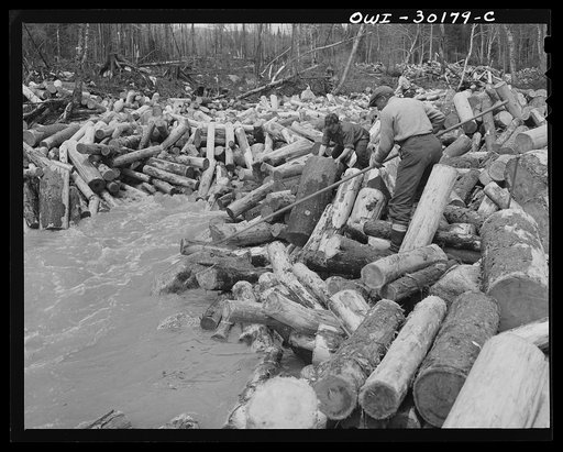 Spring pulpwood drive on the Brown Company timber holdings in Maine. With a pike and by hand, logs are put into the stream to level out the jam in Dennison Bog Brook
