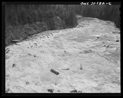 Spring pulpwood drive on the Brown Company timber holdings in Maine. Wood riding the rapids below the power dam in Kennebago River