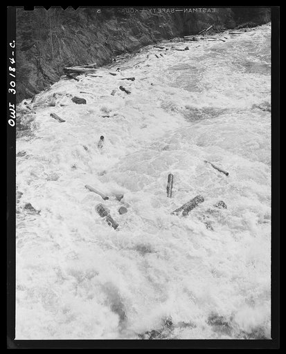 Untitled photo, possibly related to: Spring pulpwood drive on the Brown Company timber holdings in Maine. Wood riding the rapids below the power dam in Kennebago River