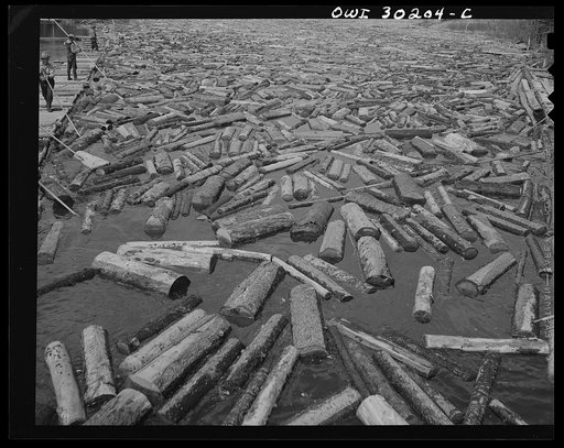 Spring pulpwood drive on the Brown Company timber holdings in Maine. Pulpwood accumulated in the Kennebago River waiting to be sluiced through the power dam