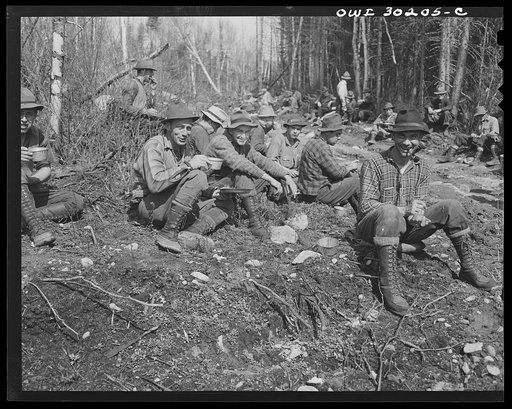 Spring pulpwood drive, Brown Company timber holdings. Mid-morning or mid-afternoon lunch by the side of the road near where the woodsmen are working. Maine