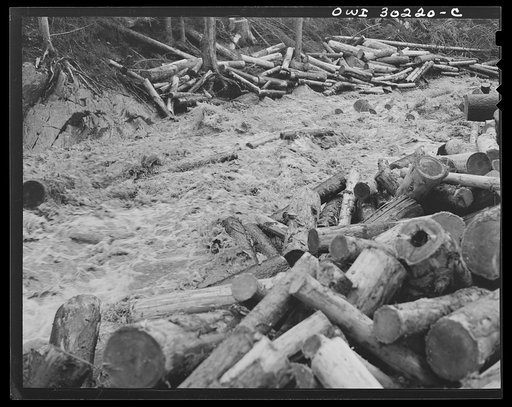 Spring pulpwood drive on the Brown Company timber holdings in Maine. Turbulent waters of a small brook swelled by a "head," water released from a dam upstream to carry the logs down to larger streams and rivers