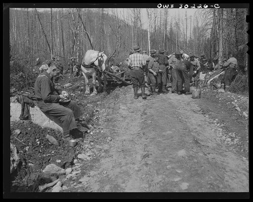 Spring pulpwood drive on the Brown Company timber holdings in Maine. When woodsmen are working away from the camp, mid-morning and mid-afternoon lunch are brought to the spot where they are working