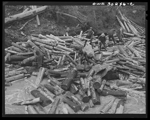 Untitled photo, possibly related to: Spring pulpwood drive on the Brown Company timber holdings in Maine. Woodsmen with picks "putting in rears," moving into the streambed logs that have been left behind after a "head" has passed