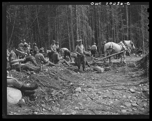 Spring pulpwood drive on the Brown Company timber holding in Maine. Mid-morning or mid-afternoon lunch by the side of the road near where the woodsmen are working