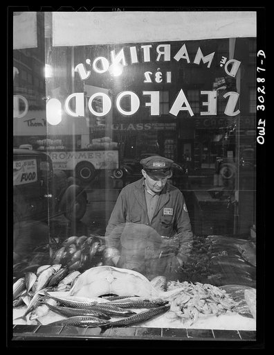 New York, New York. Beer truckdriver stops and looks at fish in DeMartino's market window