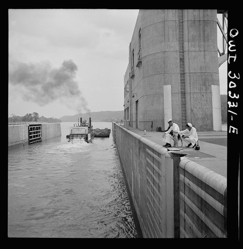 Untitled photo, possibly related to: Gallipolis, Ohio. Katherine Davis going down the Ohio River through the Gallipolis locks