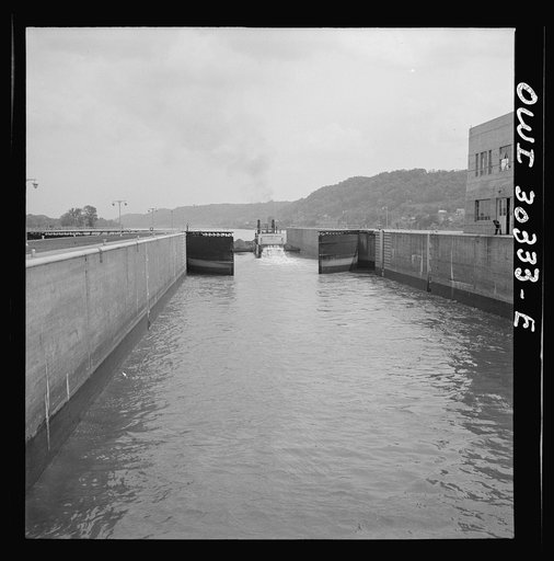 Untitled photo, possibly related to: Gallipolis, Ohio. Lock gates closing after Katherine Davis had gone through