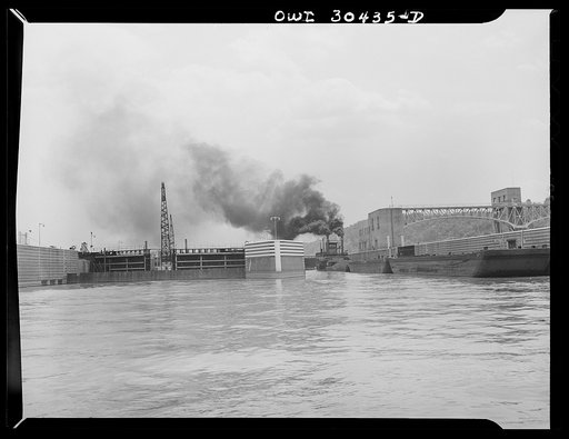 Untitled photo, possibly related to: Gallipolis, Ohio. Relationship of roller dam to lock