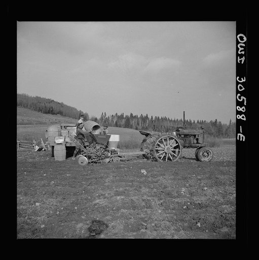 Fort Kent, Aroostook County, Maine. Spring potato planting on the French Acadian farm of Leonard Gagnon. Leonard Gagnon and a hired man dumping a barrel of cut potatoes into the hopper of a seeder