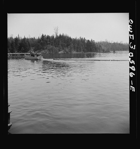 Spring pulpwood drive on the Brown Company timber holdings in Maine. The lake steamer's motor boat tows the safety boom to a cove on the shore so it will not be in the way when the steamer picks up the full boom. Later it will be put around the full boom as extra protection for the haul down the lak