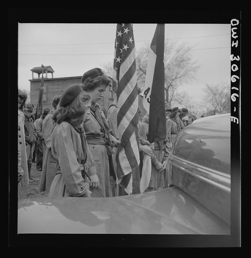Ashland, Aroostook County, Maine. Girl scouts at the Memorial Day ceremonies, during the prayer for peace and divine guidance through the years of war