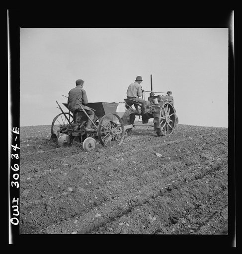 Spring potato planting on the French Acadian farm of Leonard Gagnon. Fort Kent, Aroostook County, Maine. Planting potatoes