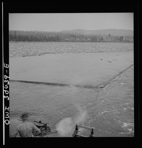 Untitled photo, possibly related to: Spring pulpwood drive on the Brown Company timber holdings in Maine. The lake steamer's motor boat tows the safety boom to a cove on the shore so it will not be in the way when the steamer picks up the full boom. Later it will be put around the full boom as extra