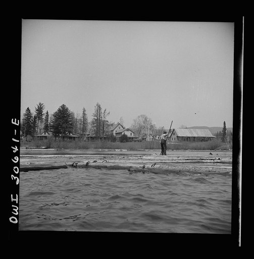 Untitled photo, possibly related to: Spring pulpwood drive on the Brown Company timber holdings in Maine. Opening up an empty boom at the upper end of Mooselookmeguntic Lake so it can be filled with more logs from the Kennebago River