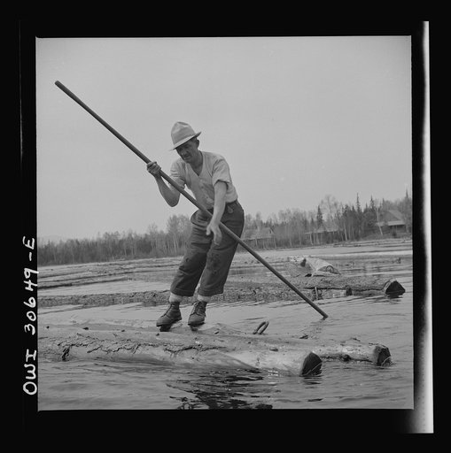 Spring pulpwood drive on the Brown Company timber holdings in Maine. Opening up an empty boom at the upper end of Mooselookmeguntic Lake so it can be filled with more logs from the Kennebago River. Note the spikes on the woodsman's shoes to keep him from slipping on the wet logs