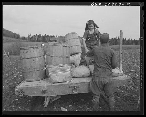 Untitled photo, possibly related to: Fort Kent, Aroostook County, Maine. Spring potato planting on the French Acadian farm of Leonard Gagnon. Marianne Gagnon lifting potato fertilizer before dumping it into a seeder