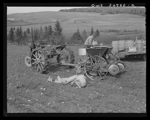 Fort Kent, Aroostook County, Maine. Spring potato planting on the French Acadian farm of Leonard Gagnon. Loading fertilizer into a hopper before planting