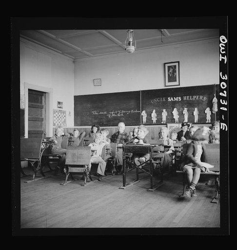 Untitled photo, possibly related to: Buffalo Hill, Aroostook County, Maine. Congregational choir services held in one-room schoolhouse in isolated rural community