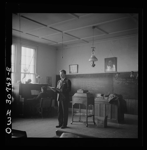 Buffalo Hill, Aroostook County, Maine. Congregational choir services held in one-room schoolhouse in isolated rural community